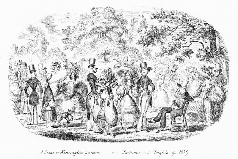 A Scene in Kensington Gardens, ou Fashions and Frights of 1829 (gravura) de George Cruikshank