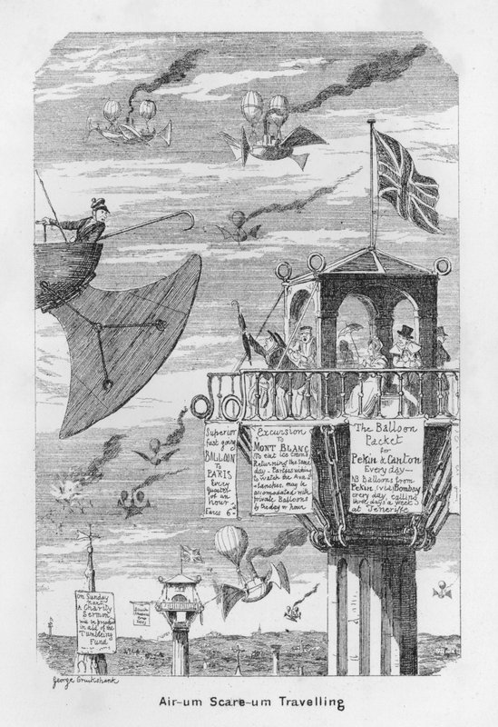 Air-um, Scare-um Travelling - isto é, antecipação do futuro do vôo em 1843 de George Cruikshank