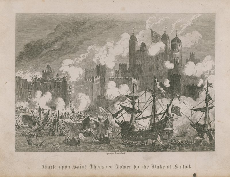 Ataque à Torre de São Tomás pelo duque de Suffolk de George Cruikshank