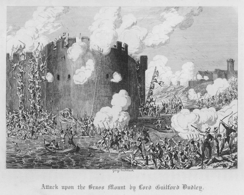 Ataque ao Monte de Latão por Lord Guilford Dudley (gravura) de George Cruikshank