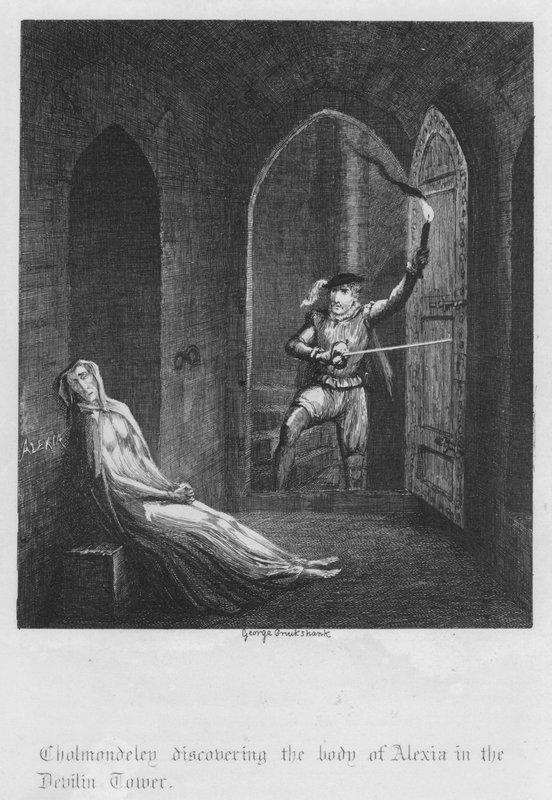 Cholmondeley descobrindo o corpo de Alexia na Torre do Diabo (gravura) de George Cruikshank