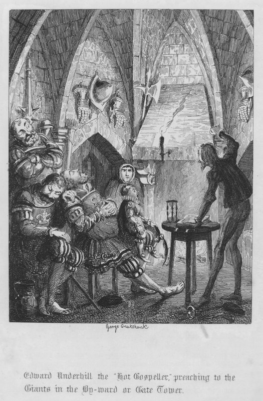 Edward Underhill o "Evangelista Quente", pregando aos Gigantes no By-ward ou Torre do Portão (gravura) de George Cruikshank