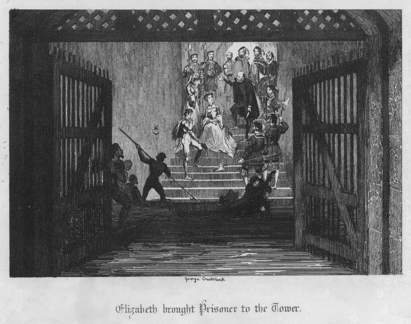 Elizabeth trouxe Prisioneiro para a Torre (gravura) de George Cruikshank