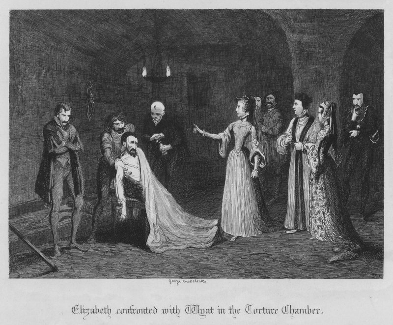 Elizabeth confrontada com Wyat na Câmara da Tortura (gravura) de George Cruikshank