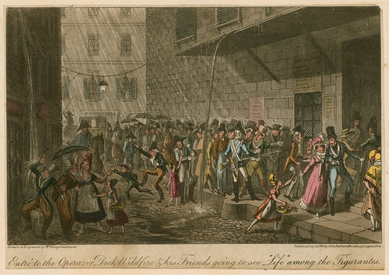 Entre para a ópera; ou, Dick Wildfire e seus amigos vão ver a Vida entre os Figurantes de George Cruikshank