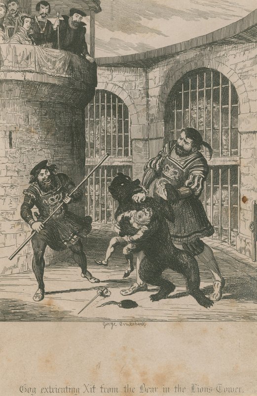 Gog desembaraçando Xit do urso na Lions Tower de George Cruikshank