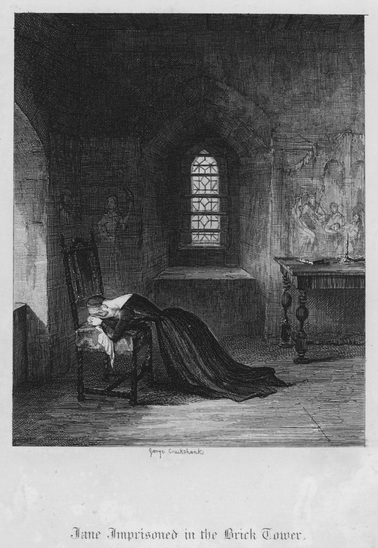 Jane presa na Torre de Tijolos (gravura) de George Cruikshank