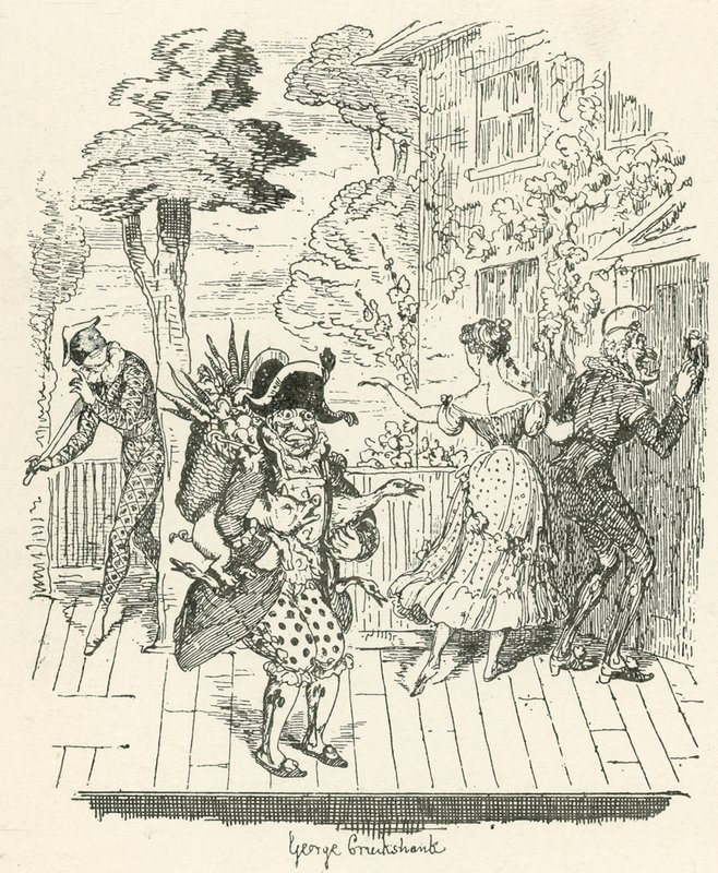 Joseph Grimaldi em Harlequinade de George Cruikshank