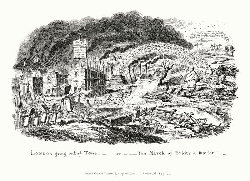 London Going Out of Town, ou a Marcha dos Tijolos e Argamassa (gravura) de George Cruikshank