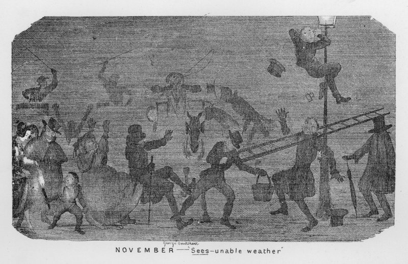 Novembro, Sees-unable weather, ou seja, London smog (gravura) de George Cruikshank