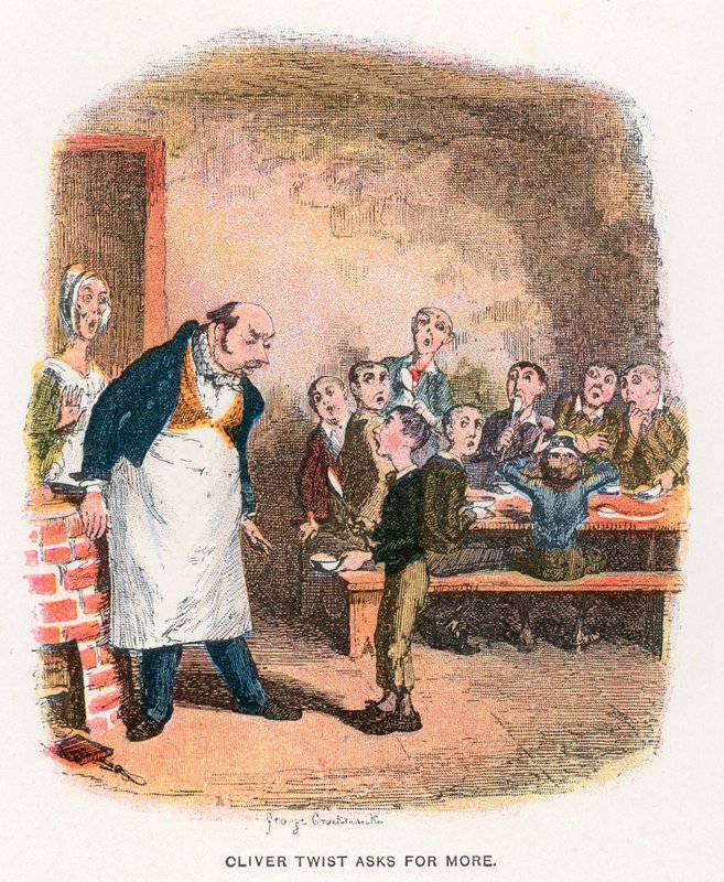 Oliver pedindo por mais, ilustração para &39;Oliver Twist&39; por Charles Dickens de George Cruikshank