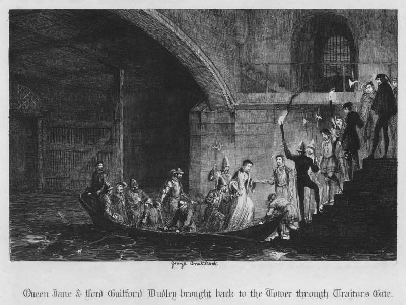 A Rainha Jane e o Lorde Guilford Dudley trouxeram de volta à Torre pelo Portão dos Traidores (gravura) de George Cruikshank