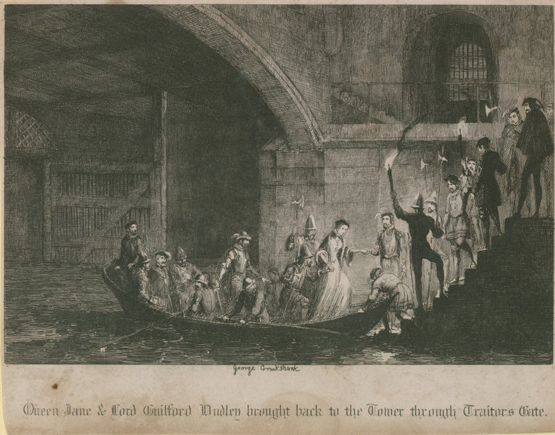 Rainha Jane e Lord Guilford Dudley trazidos de volta à Torre através do Traitors Gate de George Cruikshank