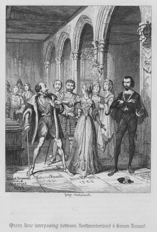Interposição da Rainha Jane entre Northumberland e Simon Renard (gravura) de George Cruikshank