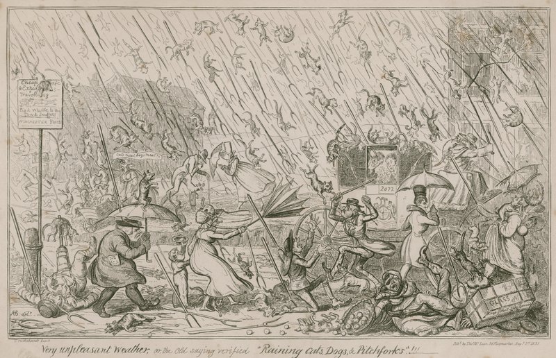 Chovendo gatos, cães e forcados de George Cruikshank