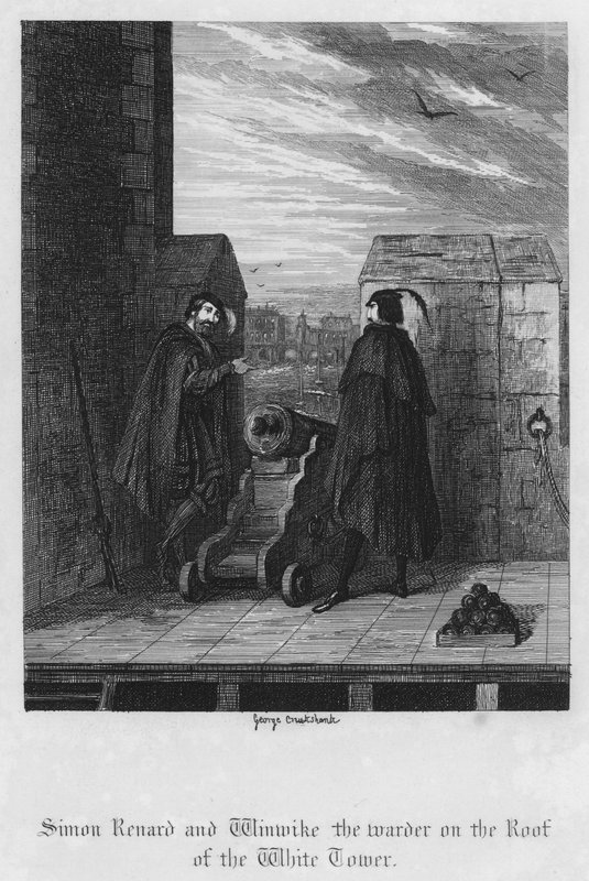 Simon Renard e Winwike, o guarda no telhado da Torre Branca (gravura) de George Cruikshank