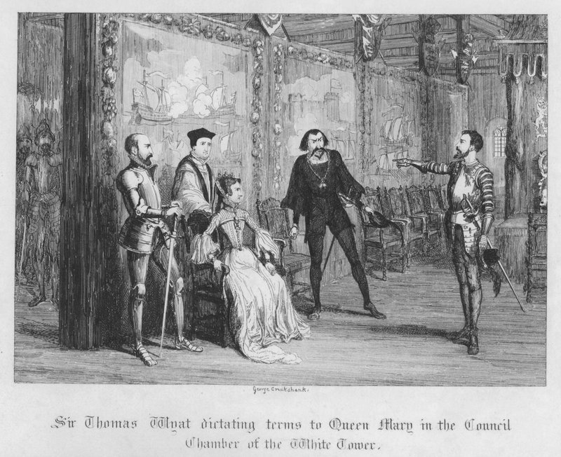 Sir Thomas Wyat ditando termos à Rainha Maria na Câmara do Conselho da Torre Branca (gravura) de George Cruikshank