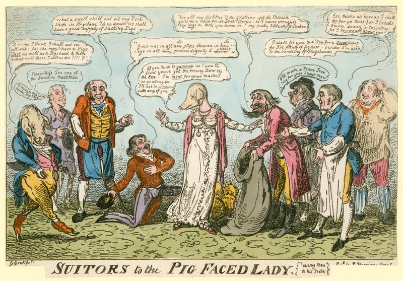 Vestidos da senhora com cara de porco de Manchester Square, Londres de George Cruikshank