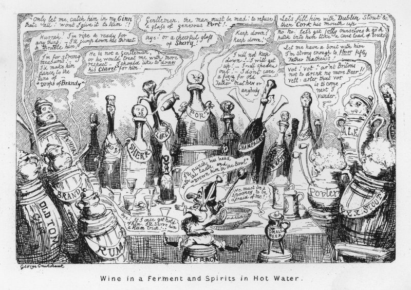 Vinho em fermentação e bebidas espirituosas em água quente (gravação) de George Cruikshank