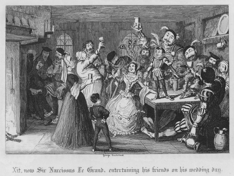 Xit, agora Sir Narcissus Le Grand, entretendo os seus amigos no dia do seu casamento (gravura) de George Cruikshank