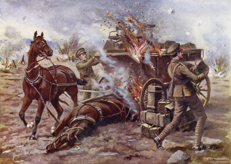 Atuando Bombardier HA Creasey ajudando a descarregar um vagão de munição em chamas sob fogo muito pesado, Potijze, perto de Ypres, 25 de abril de 1915 de George Derville Rowlandson