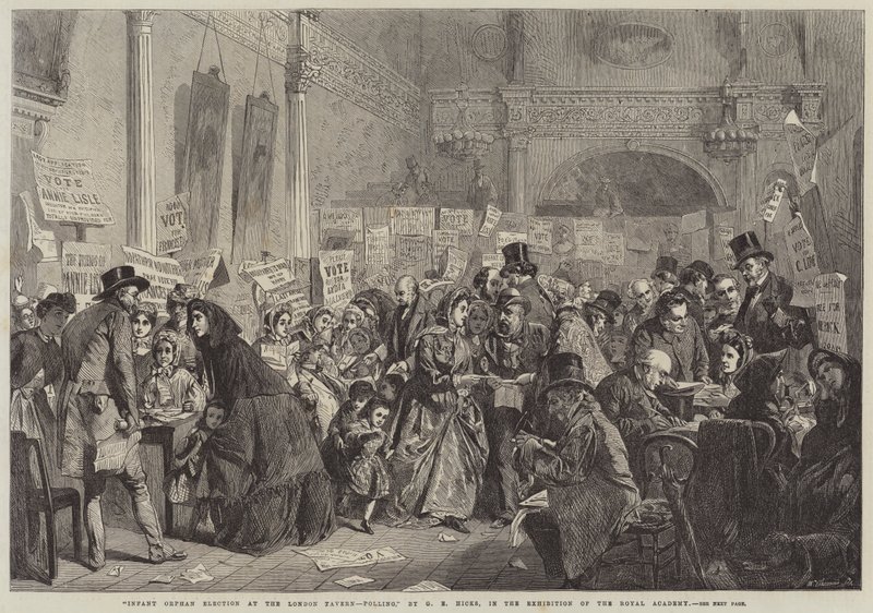 Elefante órfão infantil na London Tavern, Polling de George Elgar Hicks