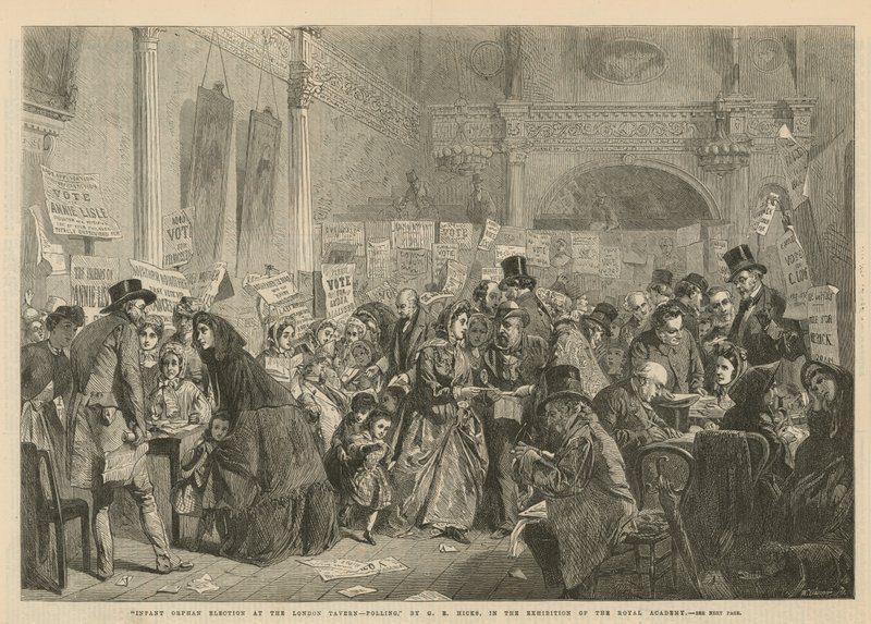 Eleições para órfãos infantis na Taverna de Londres (gravação) de George Elgar Hicks