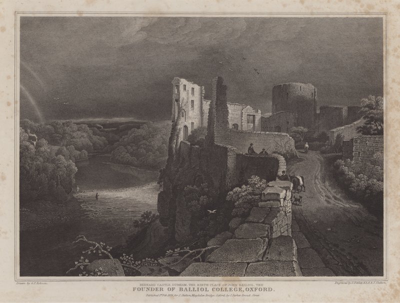 Barnard Castle, Durham, terra natal de John Balliol, fundador do Balliol College, Oxford (gravura) de George Fennel (after) Robson