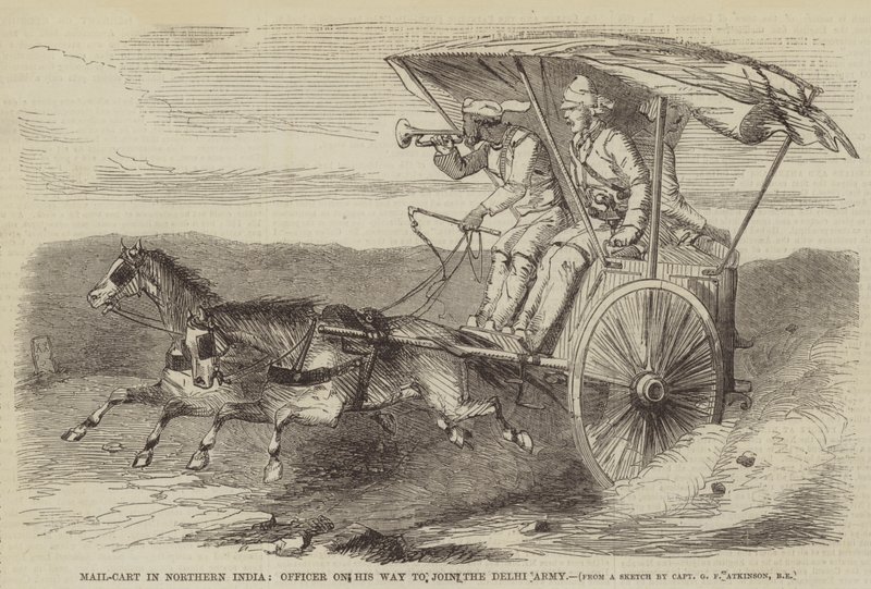 Mail-Cart no norte da Índia, oficial em seu caminho para se juntar ao exército de Delhi de George Francklin Atkinson