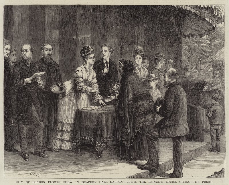 Show de flores da cidade de Londres em Drapers &39;Hall Garden, HRH a princesa Louise dando os prêmios de George Goodwin Kilburne