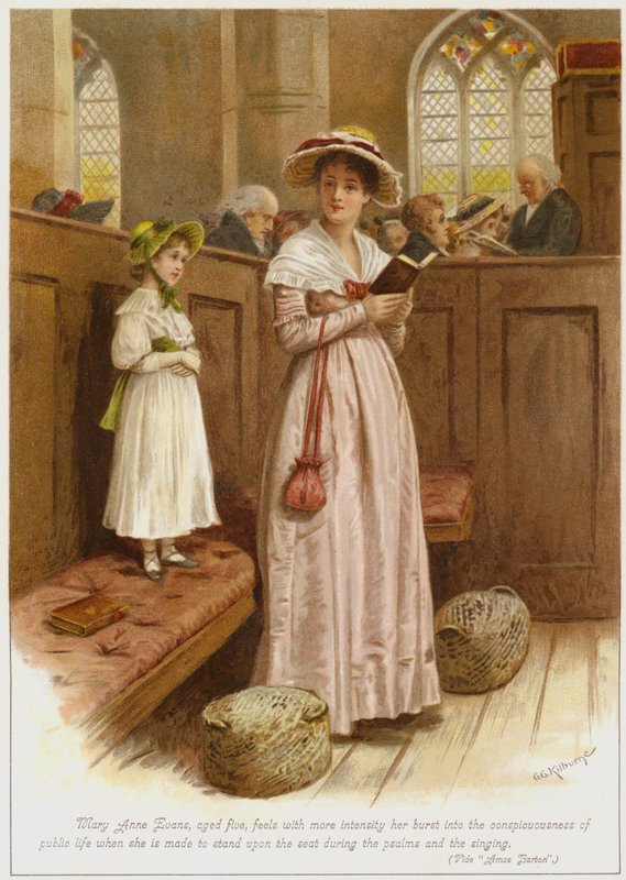 Mary Anne Evans, de cinco anos, sente com mais intensidade sua explosão na consciência da vida pública quando é obrigada a ficar de pé no assento durante os salmos e o canto. de George Goodwin Kilburne