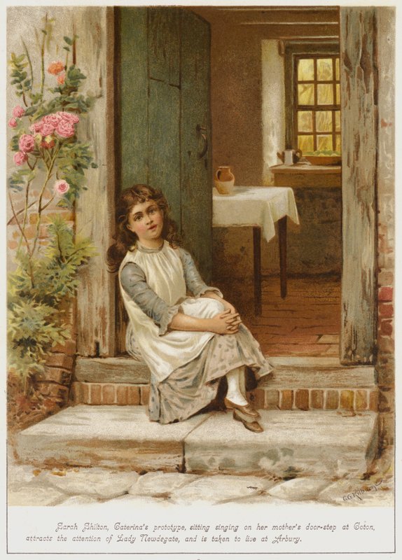 Sarah Shilton, protótipo de Caterinas, sentada cantando na porta de sua mãe em Coton, atrai a atenção de Lady Newdegate e é levada para morar em Arbury de George Goodwin Kilburne