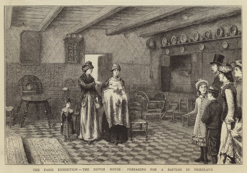 A exposição de Paris, a casa holandesa, preparando-se para um batismo na Frísia de George Goodwin Kilburne
