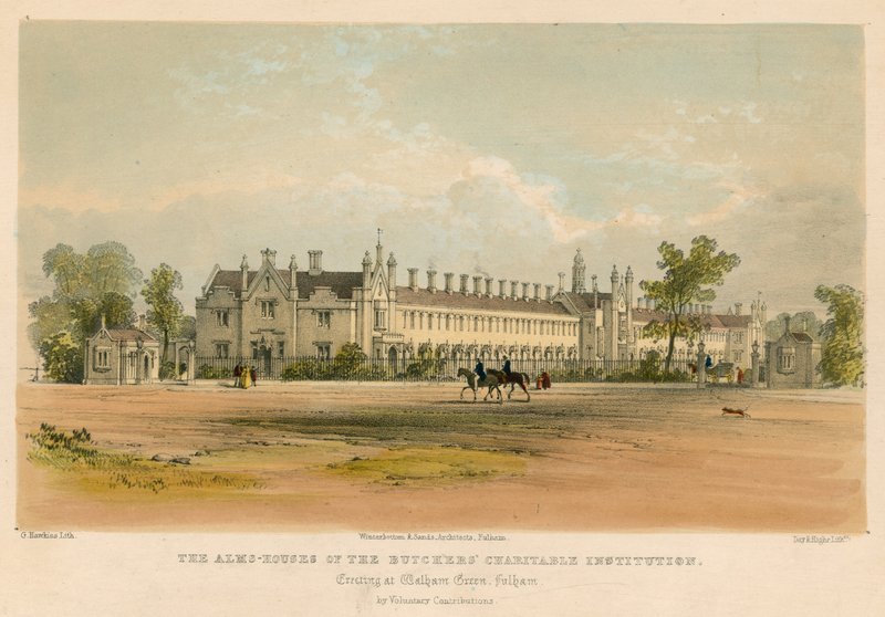 As Casas de Esmolas da Instituição Beneficente dos Carniceiros, erguidas em Walham Green, Fulham, Londres de George Hawkins