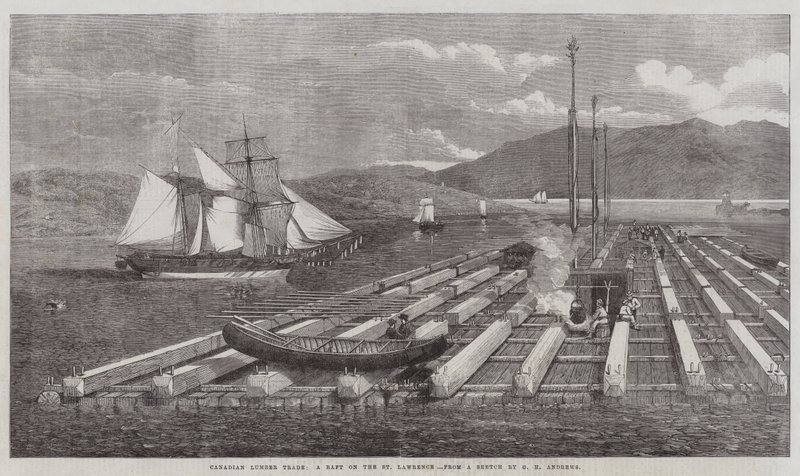 Canadian Lumber Trade, uma jangada no St Lawrence de George Henry Andrews