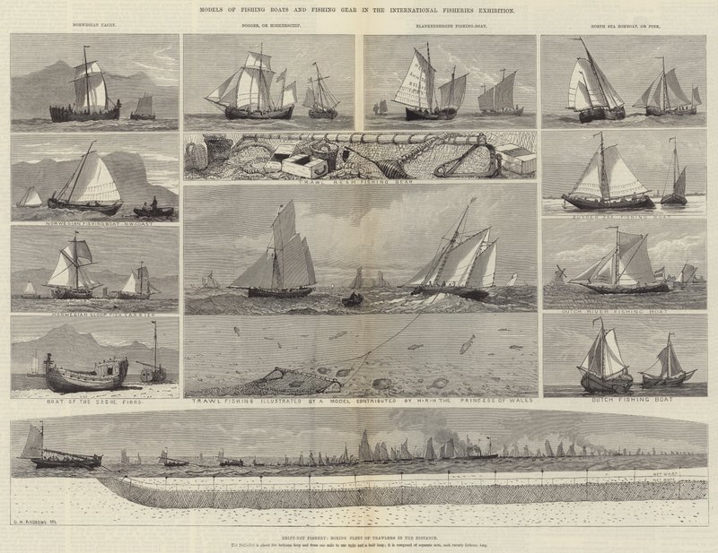 Modelos de barcos de pesca e artes de pesca na Exposição Internacional de Pesca de George Henry Andrews