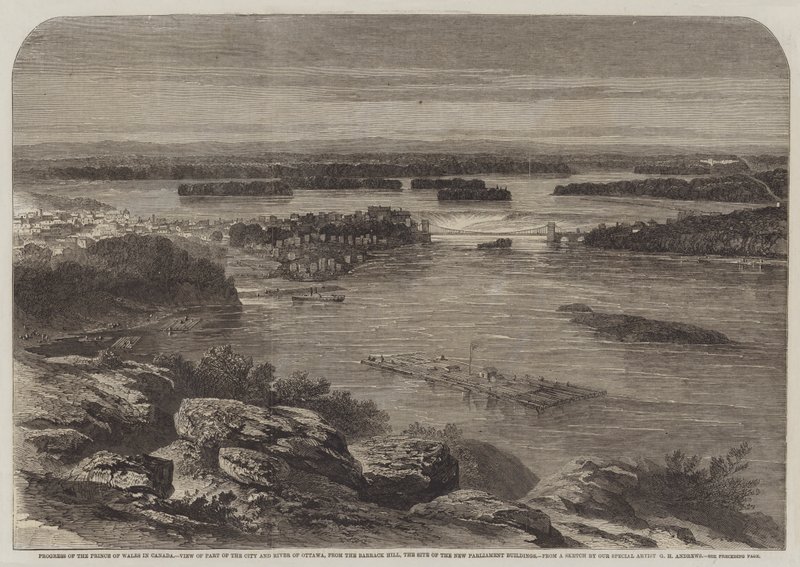 Progresso do Príncipe de Gales, no Canadá, Vista da Parte da Cidade e do Rio de Ottawa, a partir do Morro do Morro, o Local dos Novos Prédios do Parlamento de George Henry Andrews