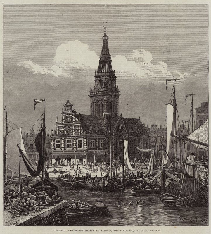Townhall and Butter Market em Alkmaar, Holanda do Norte de George Henry Andrews