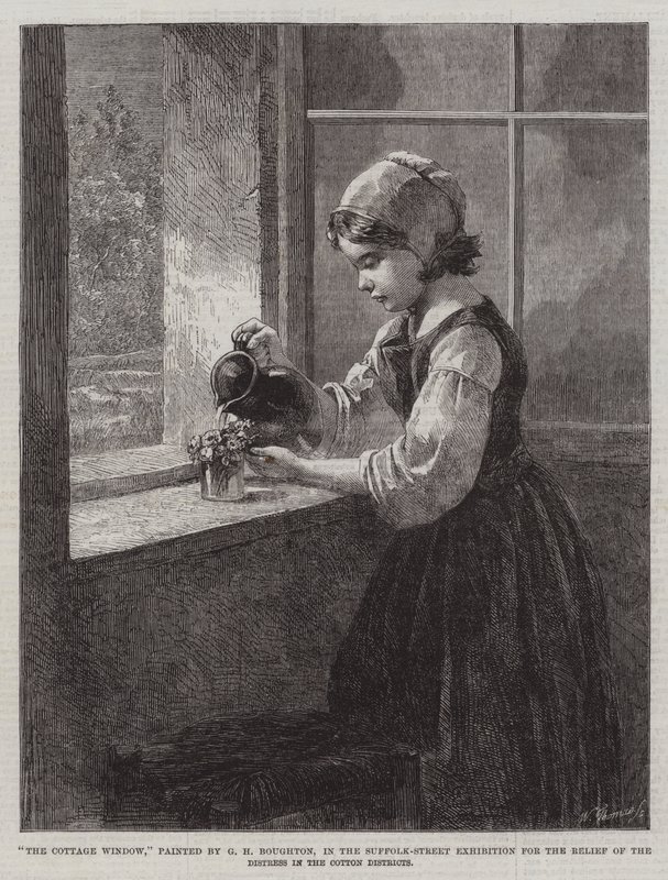The Cottage Window, na Suffolk Street Exhibition para o alívio do sofrimento nos bairros de algodão de George Henry Boughton