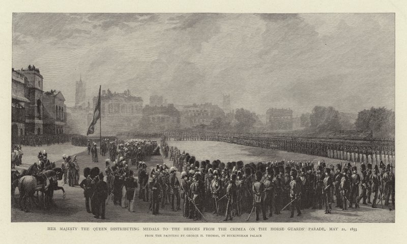 Sua Majestade a Rainha Distribuindo Medalhas para os Heróis da Crimeia no Desfile das Guardas a Cavalo, 21 de maio de 1855 de George Housman Thomas