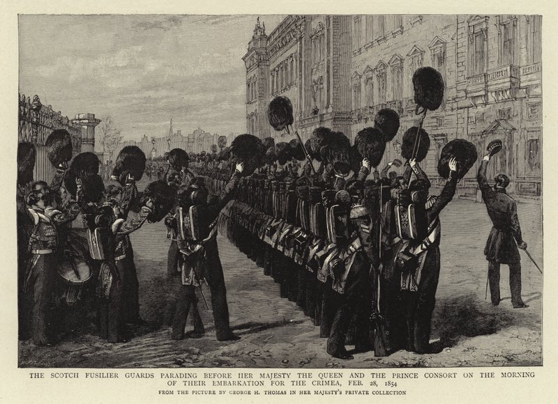 Os Guardas Escoceses Fusileiros Desfilam diante de Sua Majestade a Rainha e o Príncipe Consorte na manhã de seu embarque para a Criméia, 28 de fevereiro de 1854 de George Housman Thomas
