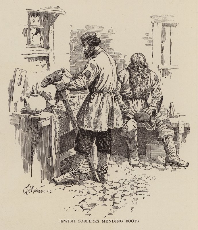 Sapateiros judeus a remendar botas (gravura) de George Hutchinson