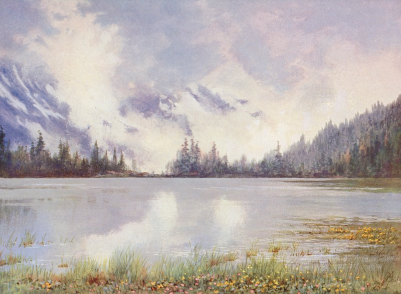 Lac Champex em meio de nuvens no final de maio; Caltha palustris e Primula farinosa à beira da água (litografia a cores) de George Jackson Flemwell