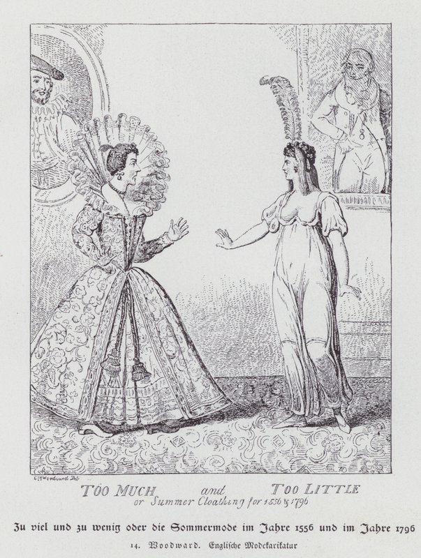 Demasiado Muito e Pouco, Roupa de Verão para 1556 e 1796 (litho) de George Moutard (after) Woodward