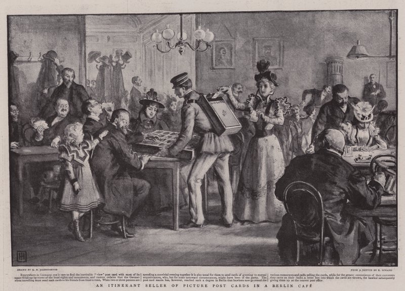 Um vendedor ambulante de cartões postais de imagens em um café de Berlim de George Percy Jacomb Hood