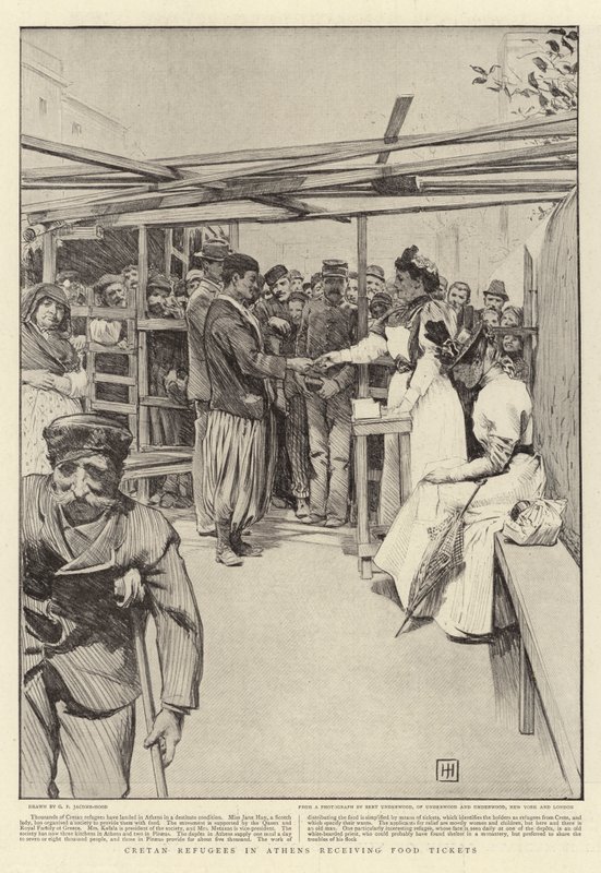 Refugiados de Creta em Atenas recebendo Ingressos de Alimentos de George Percy Jacomb Hood