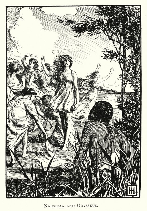 Odyssey: Nausicaa e Odisseu (gravura) de George Percy Jacomb Hood