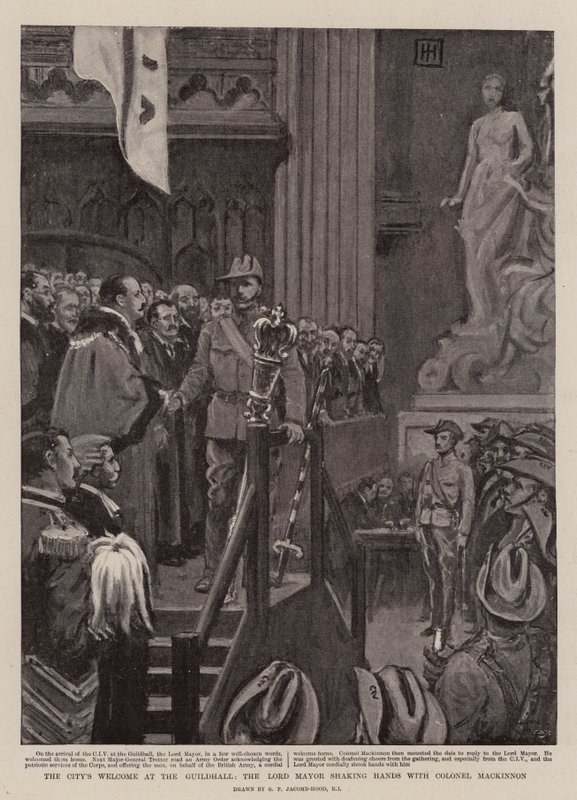 As boas-vindas da cidade no Guildhall, o prefeito agitando as mãos com o coronel Mackinnon de George Percy Jacomb Hood