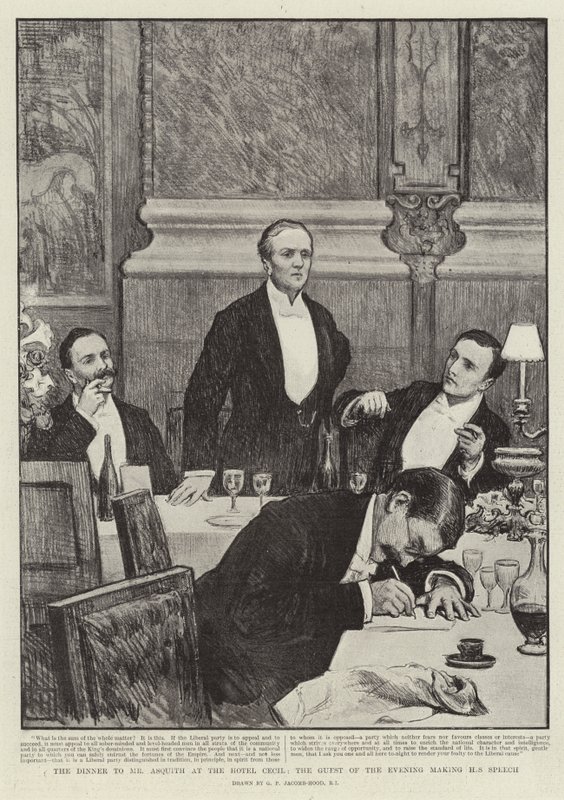 O jantar para o Sr. Asquith no Hotel Cecil, o convidado da noite fazendo seu discurso de George Percy Jacomb Hood