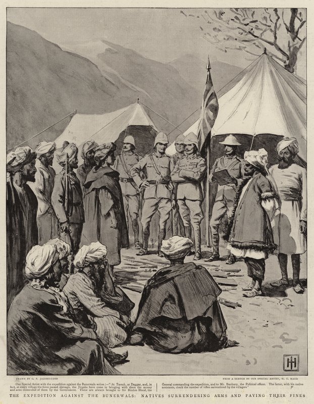 A Expedição contra os Bunerwals, Nativos entregando armas e pagando suas multas de George Percy Jacomb Hood